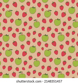 Seamless vector pattern with strawberries and apples. Decoration print for wrapping, wallpaper, fabric, textile.