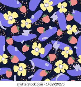 Seamless vector pattern with strawberries and flowers. Summer background in scandinavian style. Flat decorative drawn texture with berries for textile, wallpaper, wrapping