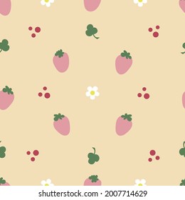 Seamless vector pattern of strawberries, flowers, leaves. Repeating background with summer fruits. can be used for fabric, wrapping paper.