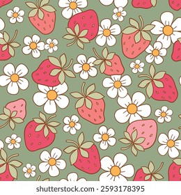 Seamless vector pattern with strawberries and flowers. Hand drawn spring botanical background. Perfect for textile, wallpaper or nursery print design. EPS10 vector file.