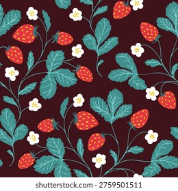 Seamless  vector pattern with strawberries,  flowers and leaves