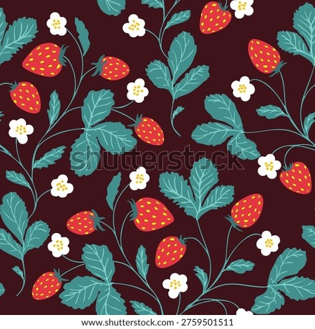 Seamless  vector pattern with strawberries,  flowers and leaves