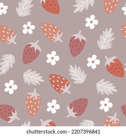 seamless vector pattern with strawberries with strawberries leaves and flowers on a brown background