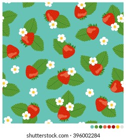 Seamless vector pattern of strawberries with leaves and flowers