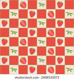 Seamless vector pattern with strawberries on pink background. Trendy summertime print with berries, leaves and flowers in hand drawn style. Summer food illustration.