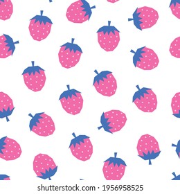 Seamless vector pattern strawberries pink blue white. Strawberry repeating background. Scandinavian style cute summer fruit surface pattern design for fabric, wallpaper, food packaging, kids wear.