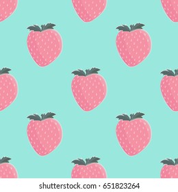 Seamless vector pattern with strawberries. Soft pink berries with blue background.