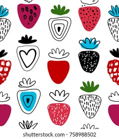 Seamless vector pattern with strawberries. Summer background in scandinavian style. Decorative drawn texture with berries