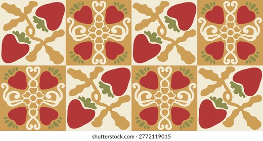 Seamless vector pattern with strawberries in vintage folk art style. Decorative berry ornament tile for kitchen decor, textile prints, and organic food packaging design.