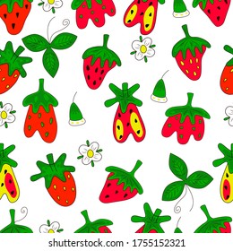 Seamless vector pattern with STRAWBERRY. Bright color illustration Can be used for card, wallpaper, pattern fills, scrapbook, surface textures, gifts, textile fabric. Vector illustration