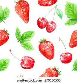 Seamless vector pattern with strawberry and cherries. Watercolor background. 