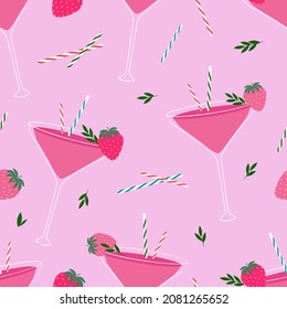 Seamless vector pattern with strawberry cocktails