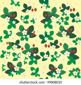 Seamless vector pattern with strawberry plants, flowers on yellow background