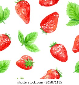 Seamless Vector Pattern With Strawberry. Watercolor Background. 