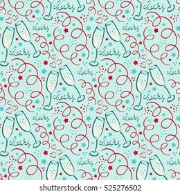 Seamless vector pattern with streamers and champagne glasses. Can be used for scrap-booking, greeting cards, gift wrap, wallpapers, fabric, surface textures, pattern fills, web page background.