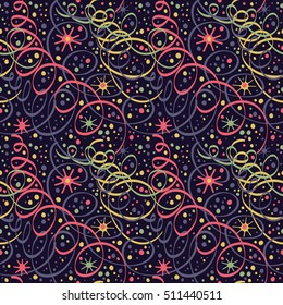 Seamless vector pattern with streamers, stars and confetti.