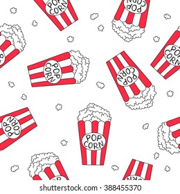 Seamless vector pattern of striped bucket of popcorn on a white background.