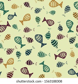 A seamless vector pattern with striped doodle fish. Surface print design for backgrounds, stationery, and textiles.