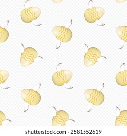 Seamless vector pattern with striped yellow flying Easter eggs with wings on transparent background