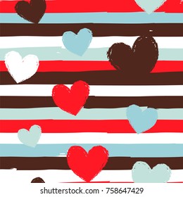 Seamless vector pattern with stripes and hearts in white, red, blue and brown colors.