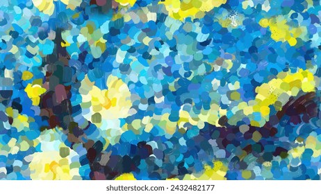 Seamless vector pattern in the style of impressionist paintings. Glowing moon on a blue sky abstract background. A sky full of wonderful stars shine. The magic of night. Seamless vector pattern.