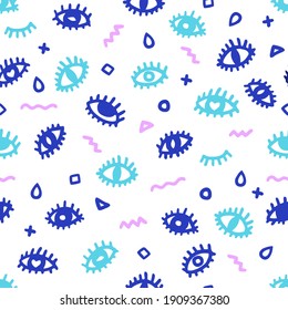 Seamless  vector pattern in the style of psychedelic eyes. Seamless open eye vector pattern on white background. The template for the cover fabric, books. Modern design for the fabric.