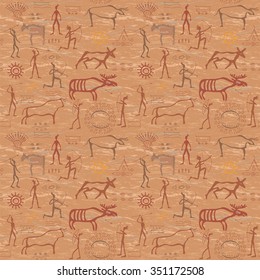 Seamless vector pattern in the style of rock painting can be used for graphic design, textile design or web design.