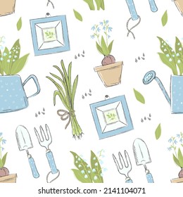Seamless vector pattern in the style of a sketch on the theme of the garden. Watering can with flowers, vegetables, rake, shovel, seedlings in pots. Background for home textiles, gardening