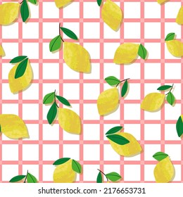 seamless vector pattern with stylised lemons on a pink and white gingham background