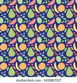Seamless vector pattern with stylised silhouettes of fruits made like color spots. Bright summer mood