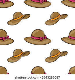 Seamless vector pattern of stylish brown womens hats with pink and orange ribbons, illustrating a cheerful summer fashion concept.