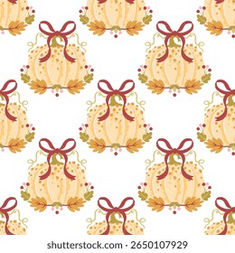 Seamless vector pattern with stylish pumpkins, ribbon bows and autumn leaves. Trendy kawaii fall design in warm pastel palette. Perfect for textile, wrapping, cards, and preppy decor