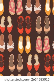 Seamless vector pattern with stylish womanly shoes. Bright flat texture with trendy sandals and ballet flats top view. Perfect for wrapping paper, textile design, wallpapers, and surface prints.