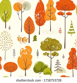 Seamless vector pattern of stylistic trees. Trees forest simple plant silhouette icon. Hand drawn isolated illustrations