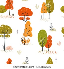 Seamless vector pattern of stylistic trees. Trees forest simple plant silhouette icon. Hand drawn isolated illustrations