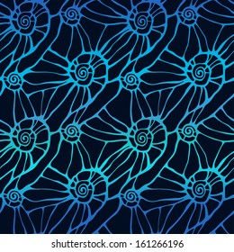 Seamless vector pattern with stylized abstract seashells on black background. Decorative endless linear texture