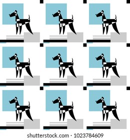 Seamless vector pattern of stylized Airedale Terrier on graphic background.
