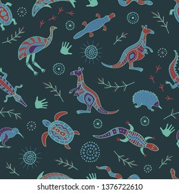 Seamless vector pattern with stylized Australian animals in ethnic style.