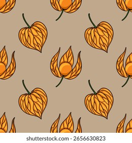 Seamless vector pattern with stylized autumnal physalis fruits in orange and beige tones, featuring intricate leaf details and a repeating design ideal for fall-themed projects.