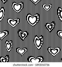 Seamless vector pattern. Stylized black-and-white hearts set against a background of frequent, narrow stripes.