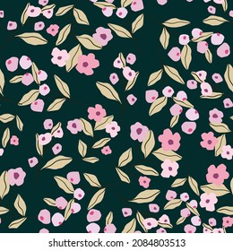 Seamless vector pattern with stylized blossom and berries on a navy blue background 