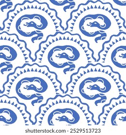 Um padrão vetorial sem costura de cobras estilizadas em espiral azul dentro de arcos decorativos, isolados em um fundo branco. Adequado para têxteis, papel de parede e decoração de casa.