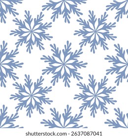 Seamless vector pattern of stylized blue snowflakes on white background, perfect for winter holidays design projects.