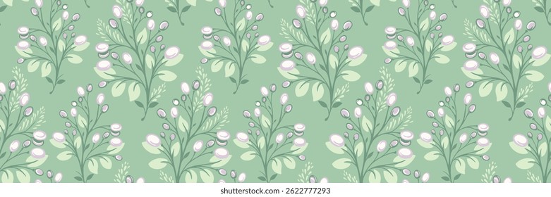 Seamless vector pattern with stylized branches, leaves, and berries in pastel mint and soft green tones. Elegant, decorative, and nature inspired, perfect for textiles, wallpapers, and digital designs
