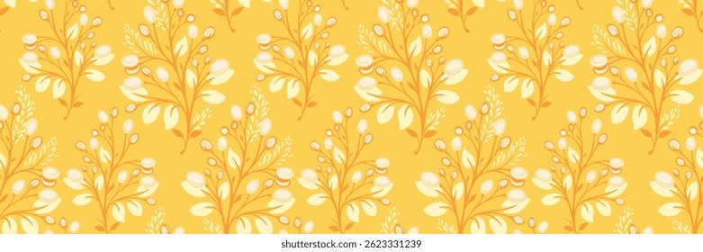 Seamless vector pattern with stylized branches, leaves, and berries in warm yellow and orange tones. Elegant, decorative, and nature inspired, perfect for textiles, wallpapers, and digital designs.