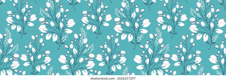 Seamless vector pattern with stylized branches, leaves, and berries in turquoise tones. Elegant, decorative, and nature inspired, perfect for textiles, wallpapers, and digital designs