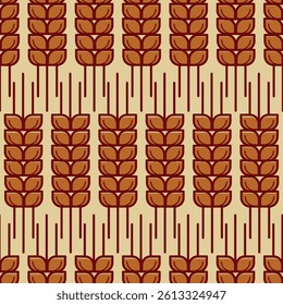 Seamless vector pattern with stylized brown wheat ears on beige background. Rustic and agricultural theme ideal for farming or organic food packaging.