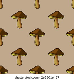 Padrão de vetor sem costura de cogumelos marrons estilizados com brânquias amareladas em um fundo de taupe, criando um design de outono encantador.