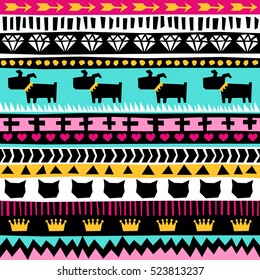 Seamless vector pattern with stylized cats and dogs. Traditional ethnic folk motif. Abstract  multicolor art print. Geometric design in tribal style. Textile design, fabric, texture, paper