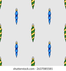 Seamless vector pattern of stylized Christmas tree ornaments in blue and green spiral design, perfect for festive backgrounds and wrapping paper.